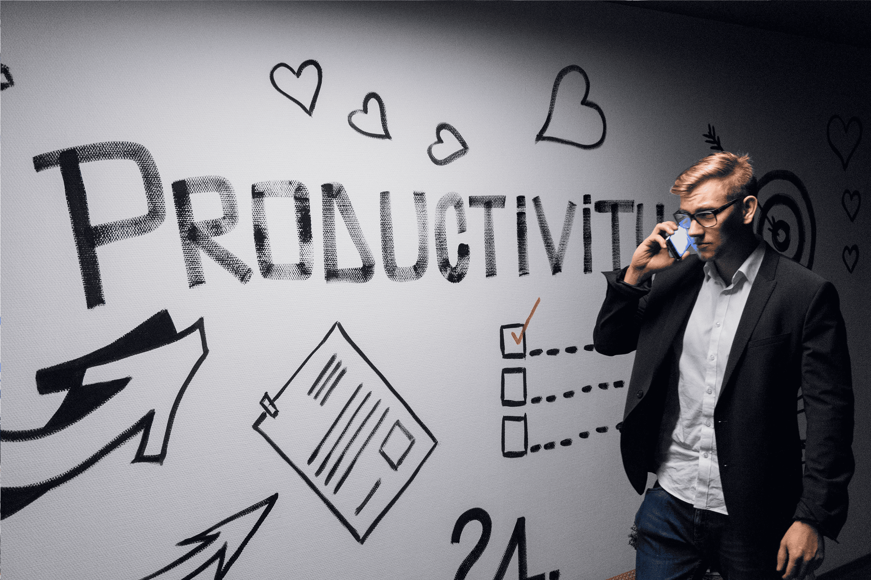 Graphical slogan stating 'productivity' on an office wall